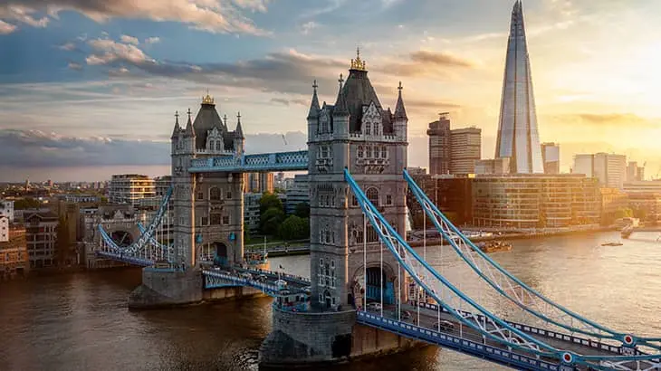 A shot of Tower Bridge as the sunsets in London