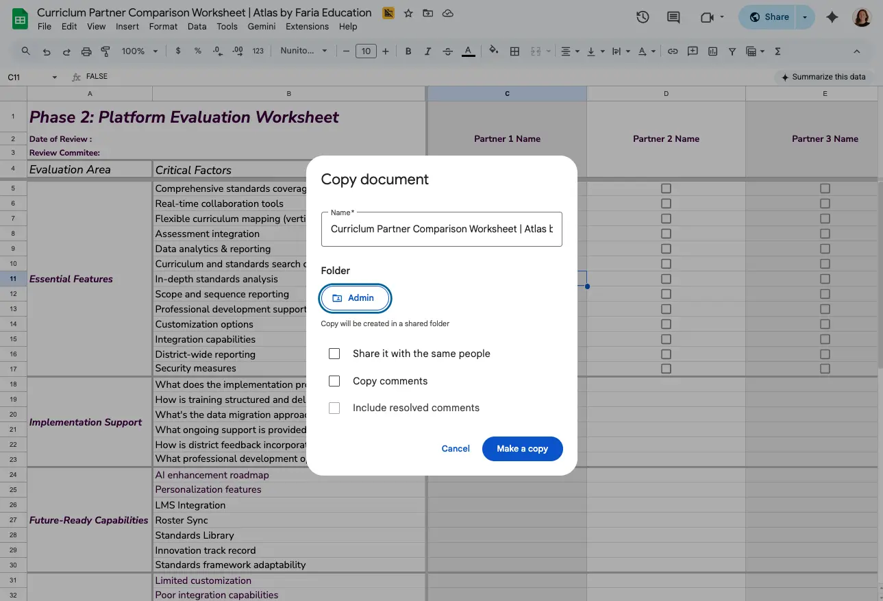 Curriculum Partner Comparison Worksheet
